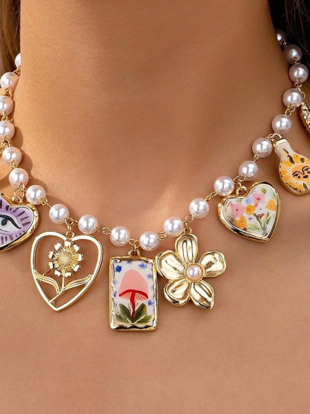 Handmade Gold Tone Heart Pendant Charms Faux Pearl Necklace